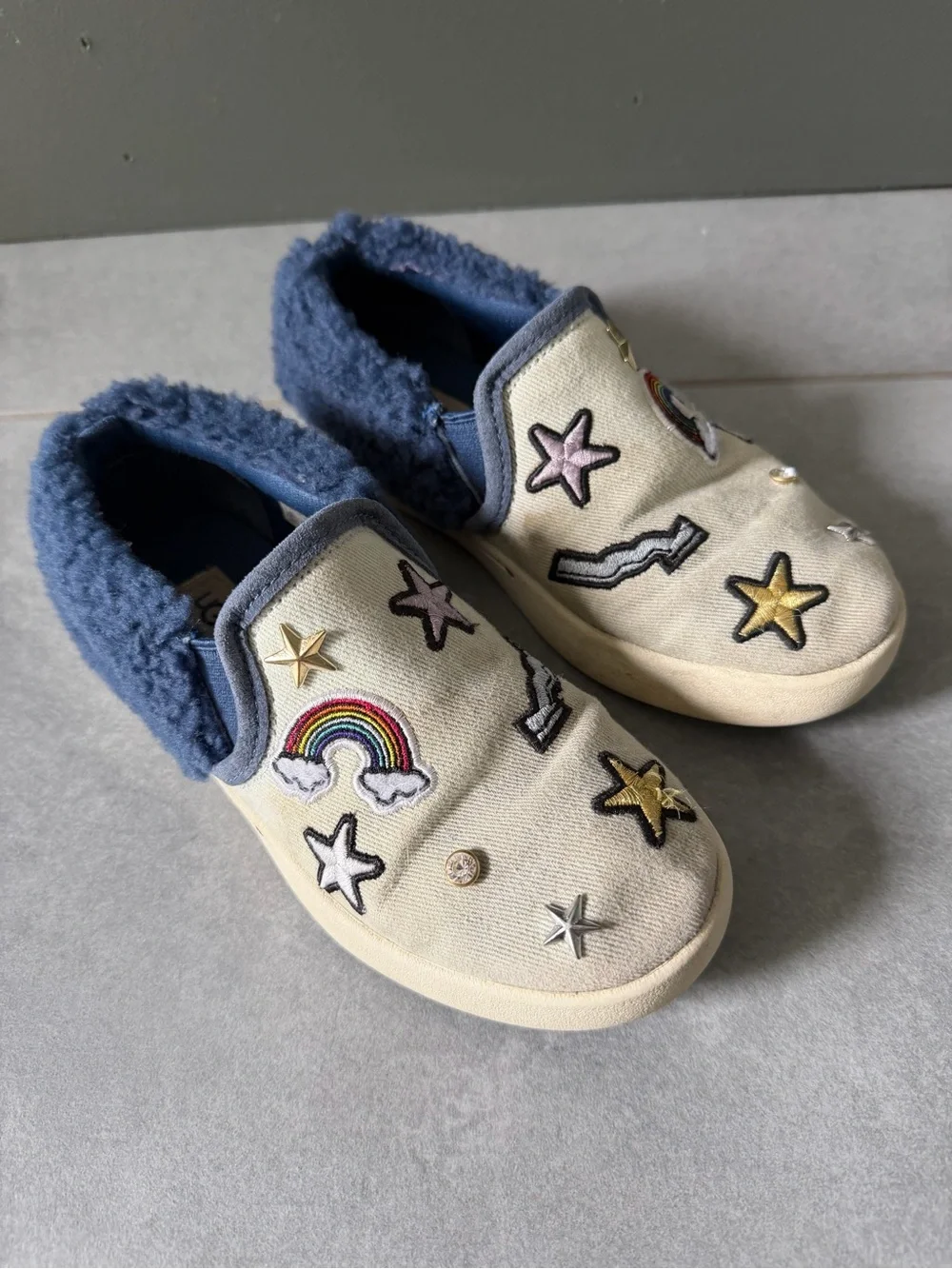 UGG Kids Patch It Slip-On Sneakers Bleach Denim Navy Sherling Colorful Patches 1